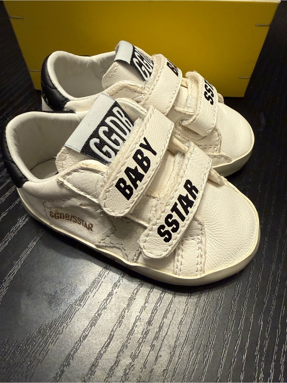 Golden Goose Baby White Leather Velcro 'BABY' Sneakers with Black Heel